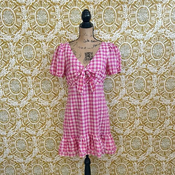 NWT LIKELY Kai Check Ruffle Hem Puff Sleeve Mini Dress in Fuchsia Multi size 10 - Picture 7 of 15